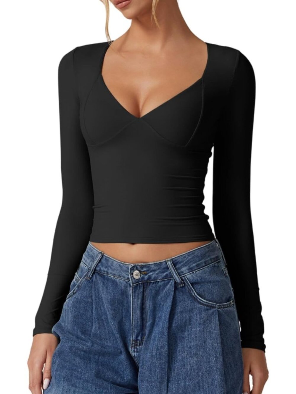 〽️Women's Black V Neck Long Sleeve Double Lined Seamed Cup Crop Top Tee Shirt